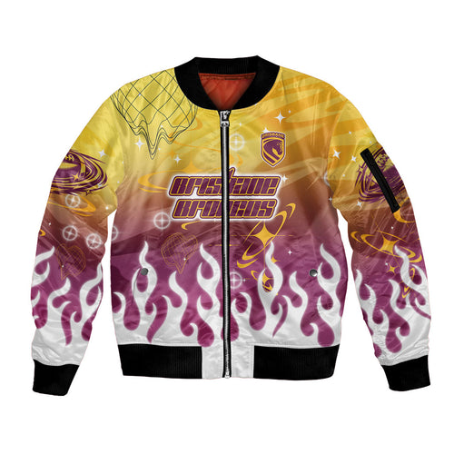 Personalized Brisbane Broncos Sleeve Zip Bomber Jacket Y2K Grunge Aesthetic With Cyber Flames and Starburst Graphics