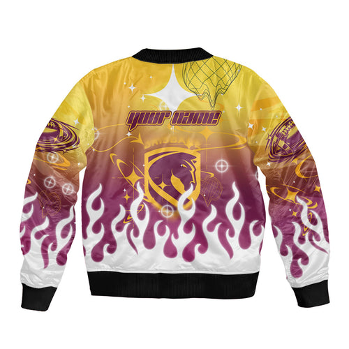 Personalized Brisbane Broncos Sleeve Zip Bomber Jacket Y2K Grunge Aesthetic With Cyber Flames and Starburst Graphics