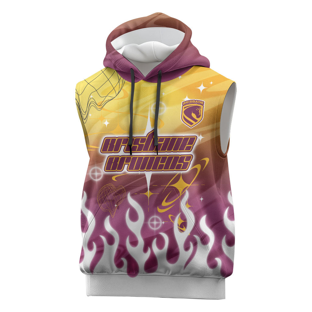 Personalized Brisbane Broncos Sleeveless Hoodie Y2K Grunge Aesthetic With Cyber Flames and Starburst Graphics