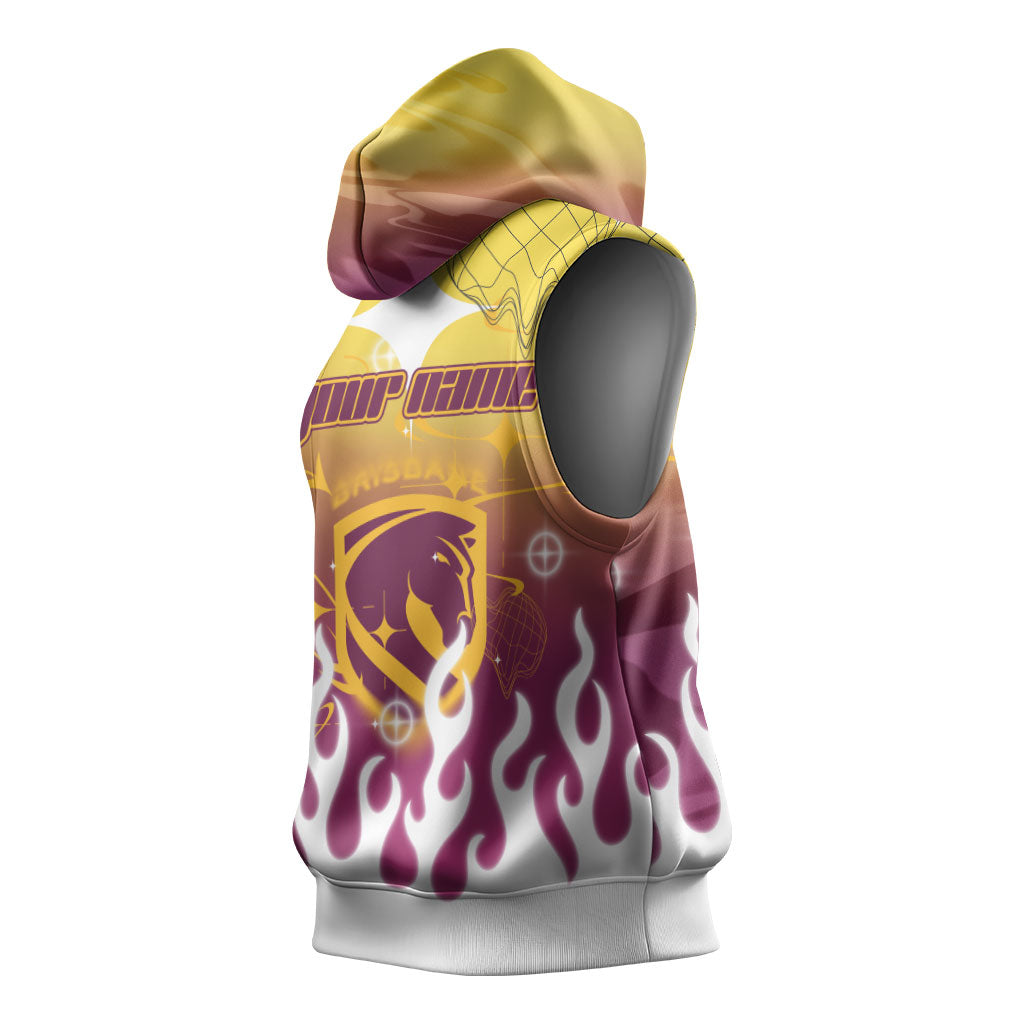 Personalized Brisbane Broncos Sleeveless Hoodie Y2K Grunge Aesthetic With Cyber Flames and Starburst Graphics
