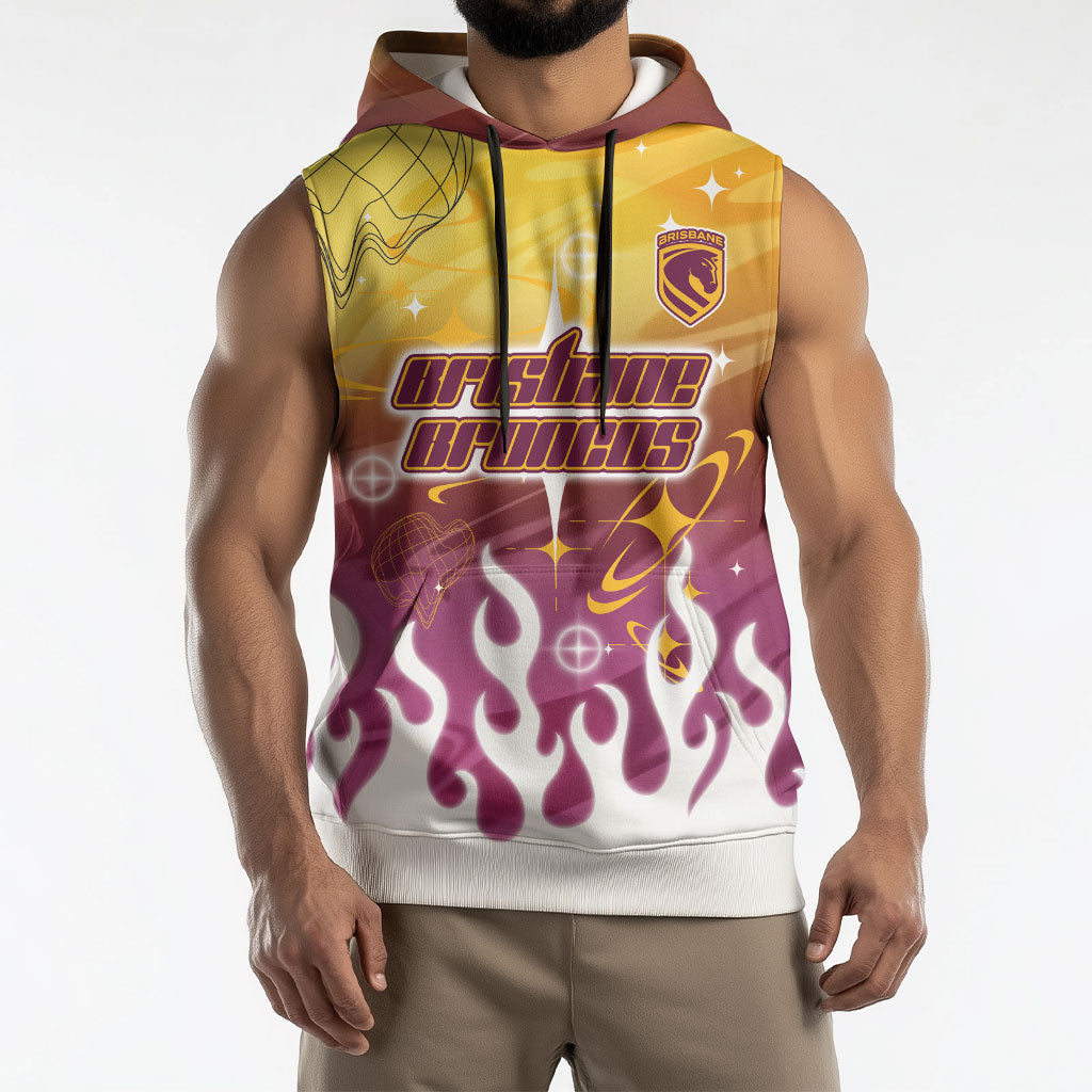 Personalized Brisbane Broncos Sleeveless Hoodie Y2K Grunge Aesthetic With Cyber Flames and Starburst Graphics