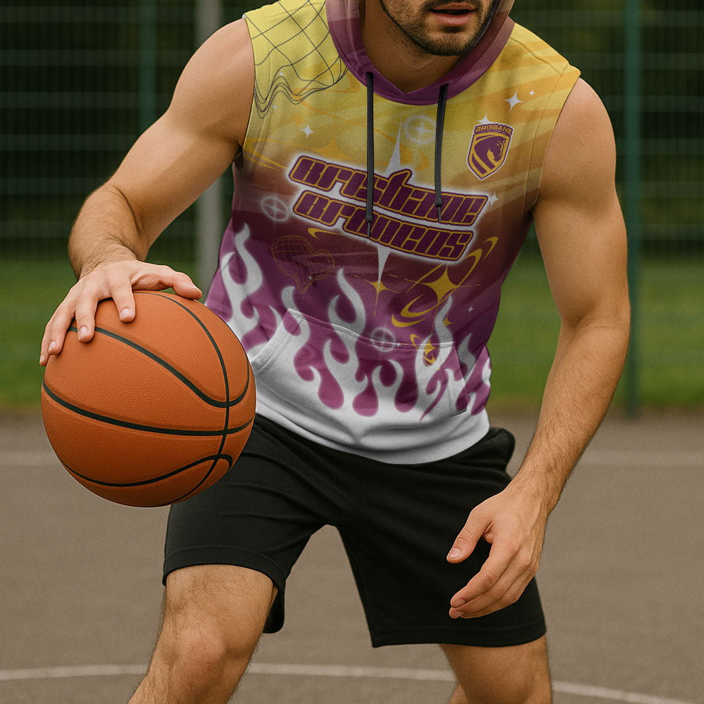 Personalized Brisbane Broncos Sleeveless Hoodie Y2K Grunge Aesthetic With Cyber Flames and Starburst Graphics
