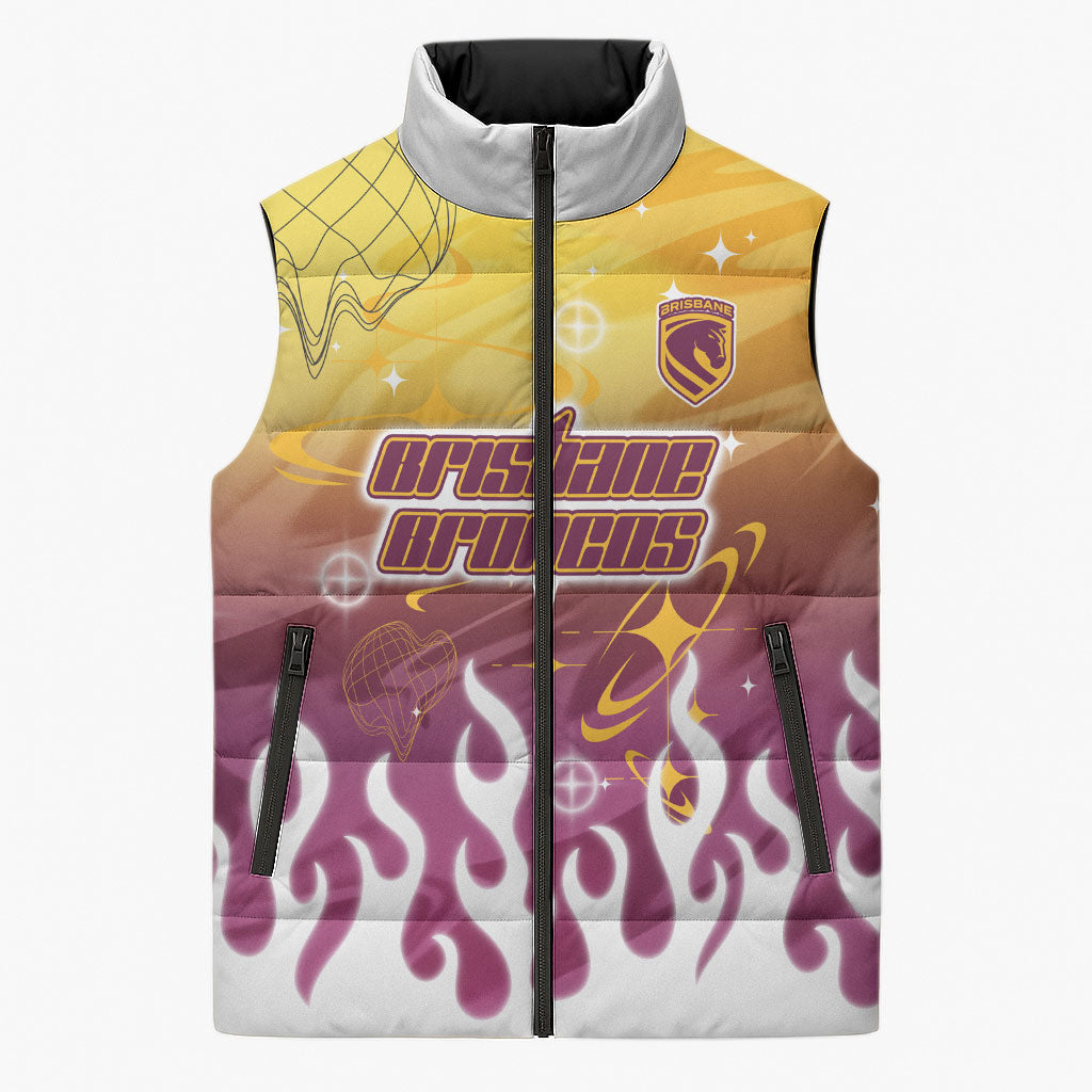Personalized Brisbane Broncos Sleeveless Puffer Jacket Y2K Grunge Aesthetic With Cyber Flames and Starburst Graphics