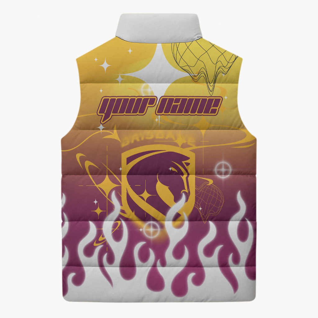 Personalized Brisbane Broncos Sleeveless Puffer Jacket Y2K Grunge Aesthetic With Cyber Flames and Starburst Graphics