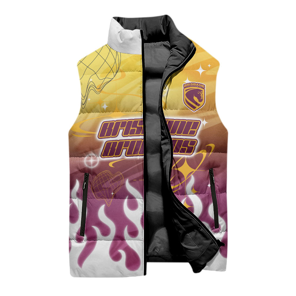 Personalized Brisbane Broncos Sleeveless Puffer Jacket Y2K Grunge Aesthetic With Cyber Flames and Starburst Graphics