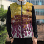 Personalized Brisbane Broncos Sleeveless Puffer Jacket Y2K Grunge Aesthetic With Cyber Flames and Starburst Graphics