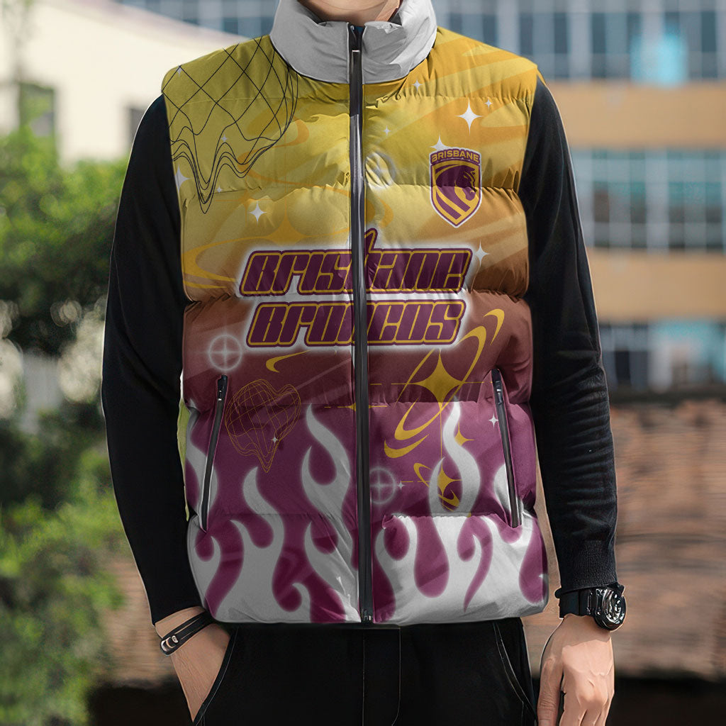 Personalized Brisbane Broncos Sleeveless Puffer Jacket Y2K Grunge Aesthetic With Cyber Flames and Starburst Graphics
