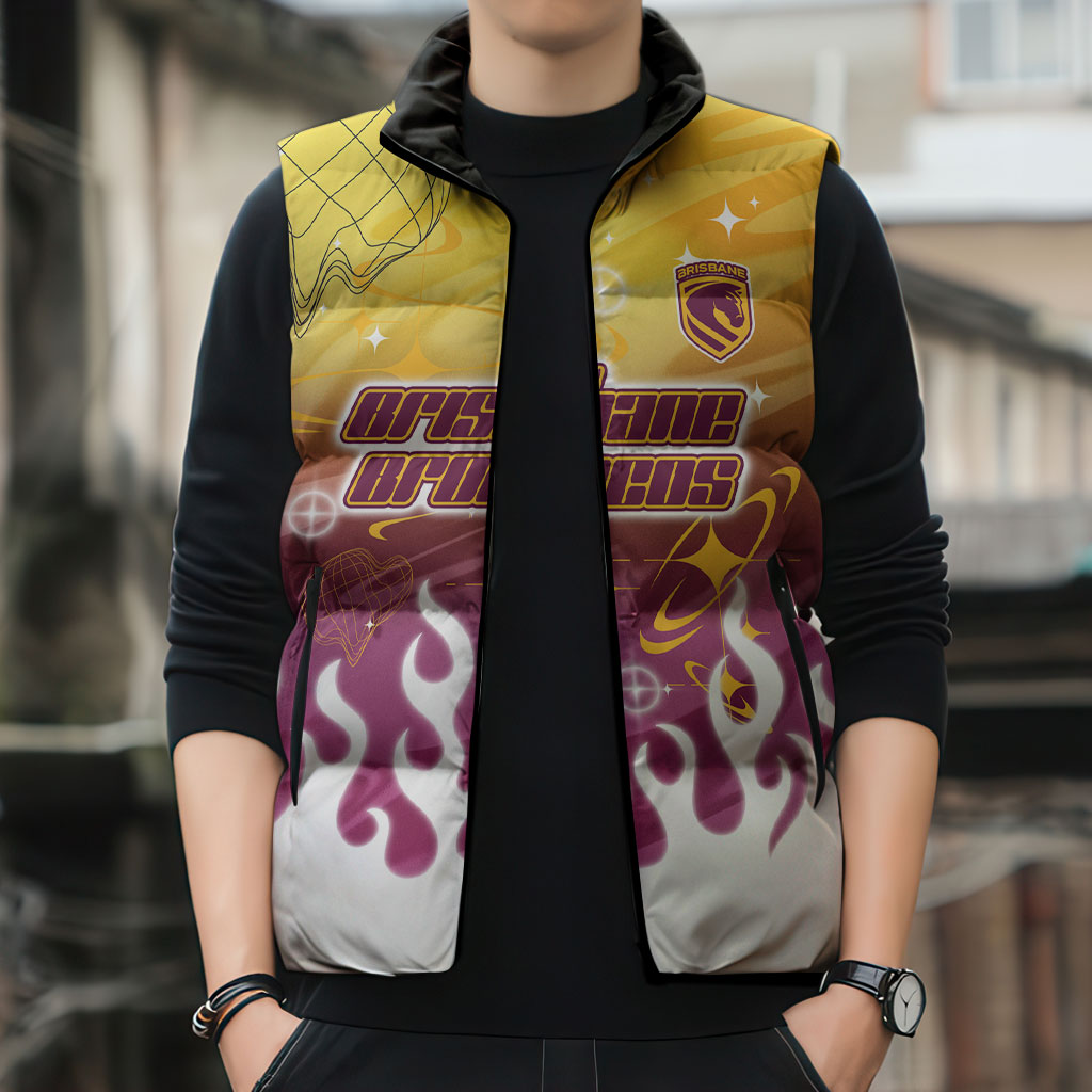 Personalized Brisbane Broncos Sleeveless Puffer Jacket Y2K Grunge Aesthetic With Cyber Flames and Starburst Graphics