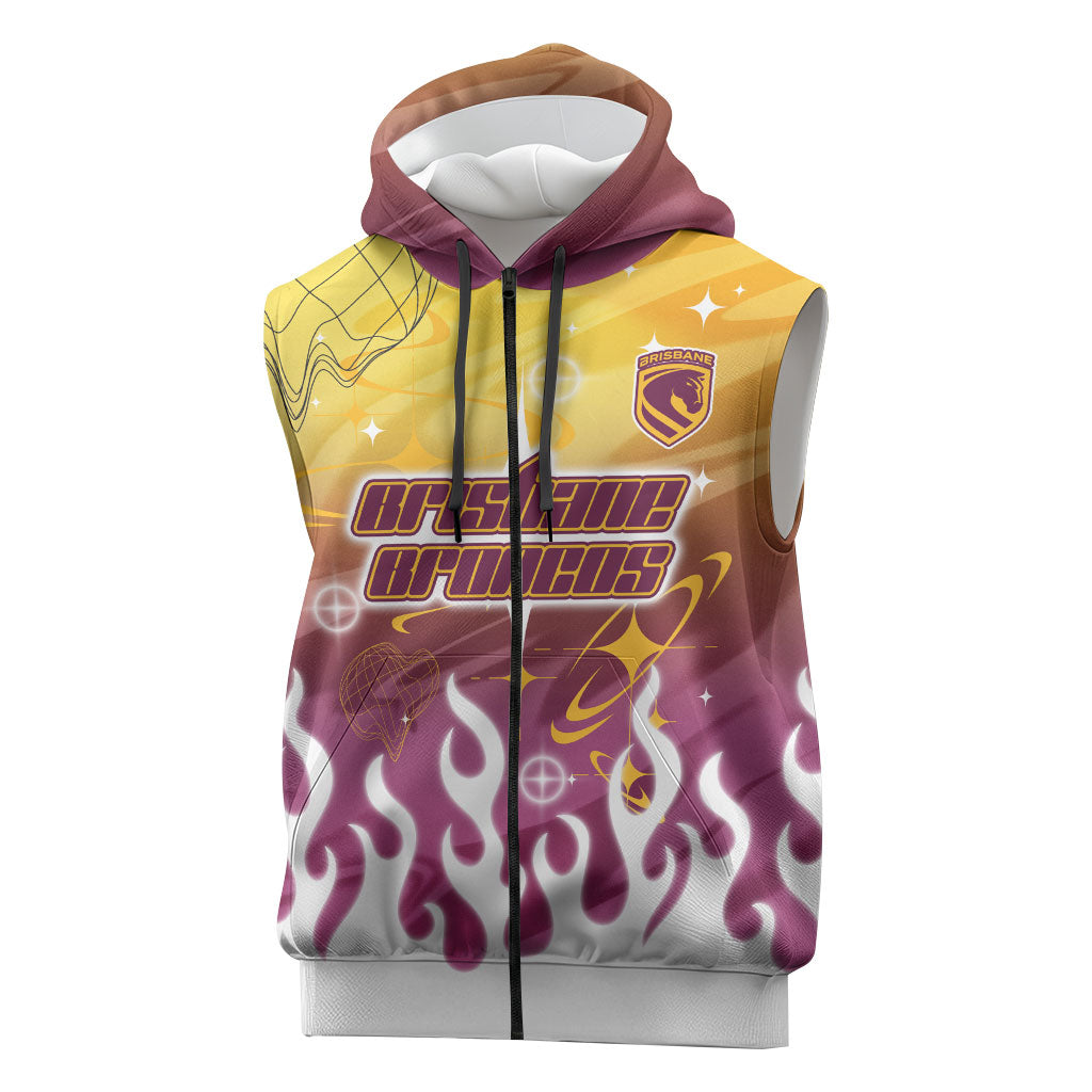 Personalized Brisbane Broncos Sleeveless Zip Hoodie Y2K Grunge Aesthetic With Cyber Flames and Starburst Graphics