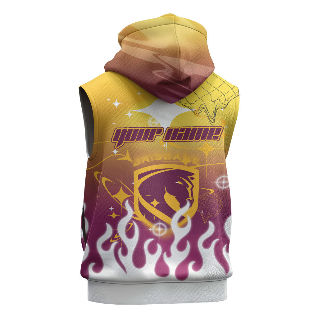 Personalized Brisbane Broncos Sleeveless Zip Hoodie Y2K Grunge Aesthetic With Cyber Flames and Starburst Graphics