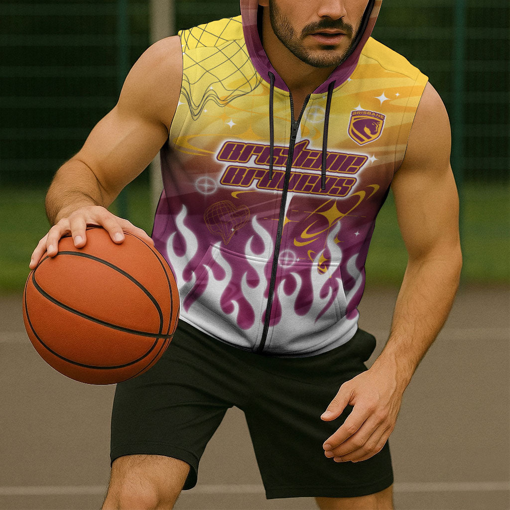 Personalized Brisbane Broncos Sleeveless Zip Hoodie Y2K Grunge Aesthetic With Cyber Flames and Starburst Graphics