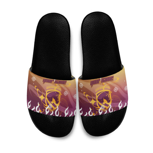 Personalized Brisbane Broncos Slide Sandals Y2K Grunge Aesthetic With Cyber Flames and Starburst Graphics