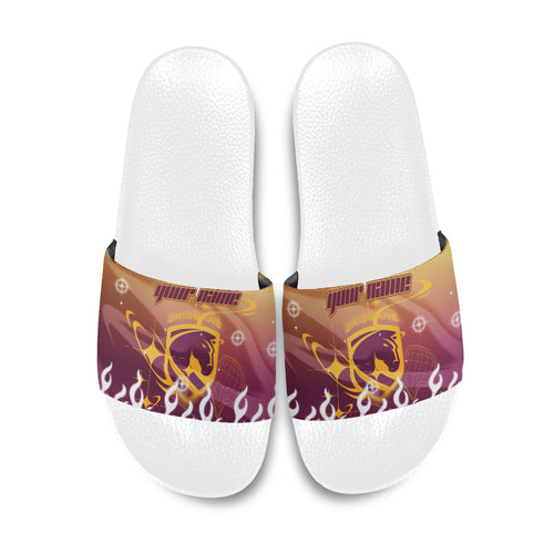 Personalized Brisbane Broncos Slide Sandals Y2K Grunge Aesthetic With Cyber Flames and Starburst Graphics