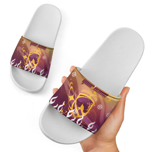 Personalized Brisbane Broncos Slide Sandals Y2K Grunge Aesthetic With Cyber Flames and Starburst Graphics