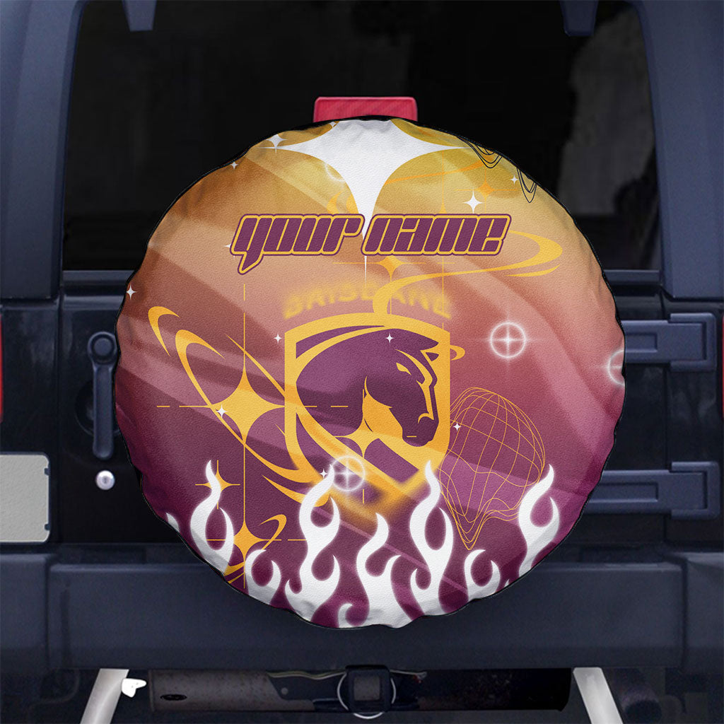 Personalized Brisbane Broncos Spare Tire Cover Y2K Grunge Aesthetic With Cyber Flames and Starburst Graphics
