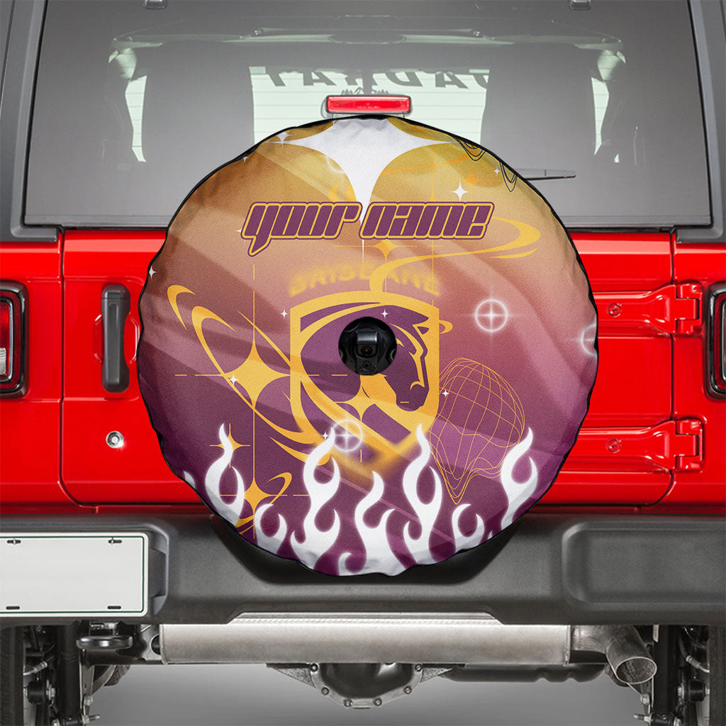 Personalized Brisbane Broncos Spare Tire Cover Y2K Grunge Aesthetic With Cyber Flames and Starburst Graphics