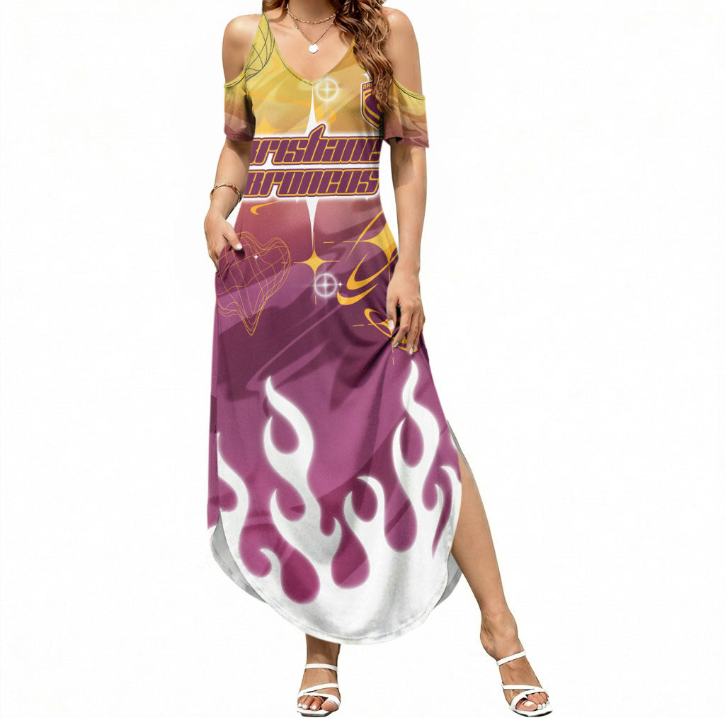 Personalized Brisbane Broncos Summer Maxi Dress Y2K Grunge Aesthetic With Cyber Flames and Starburst Graphics