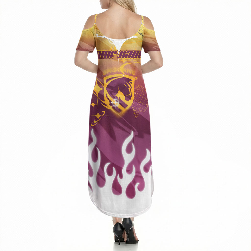 Personalized Brisbane Broncos Summer Maxi Dress Y2K Grunge Aesthetic With Cyber Flames and Starburst Graphics