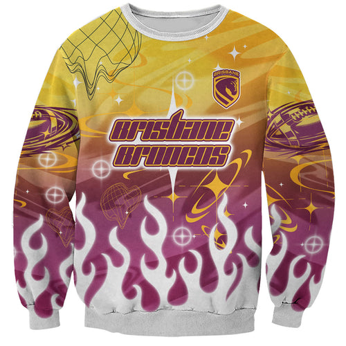 Personalized Brisbane Broncos Sweatshirt Y2K Grunge Aesthetic With Cyber Flames and Starburst Graphics