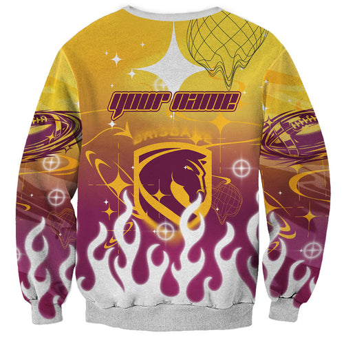 Personalized Brisbane Broncos Sweatshirt Y2K Grunge Aesthetic With Cyber Flames and Starburst Graphics