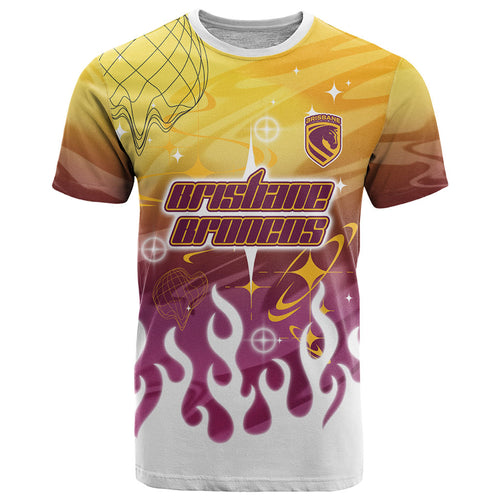 Personalized Brisbane Broncos T Shirt Y2K Grunge Aesthetic With Cyber Flames and Starburst Graphics