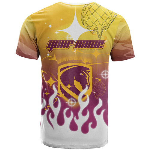 Personalized Brisbane Broncos T Shirt Y2K Grunge Aesthetic With Cyber Flames and Starburst Graphics