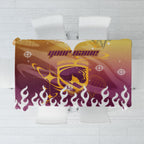 Personalized Brisbane Broncos Tablecloth Y2K Grunge Aesthetic With Cyber Flames and Starburst Graphics