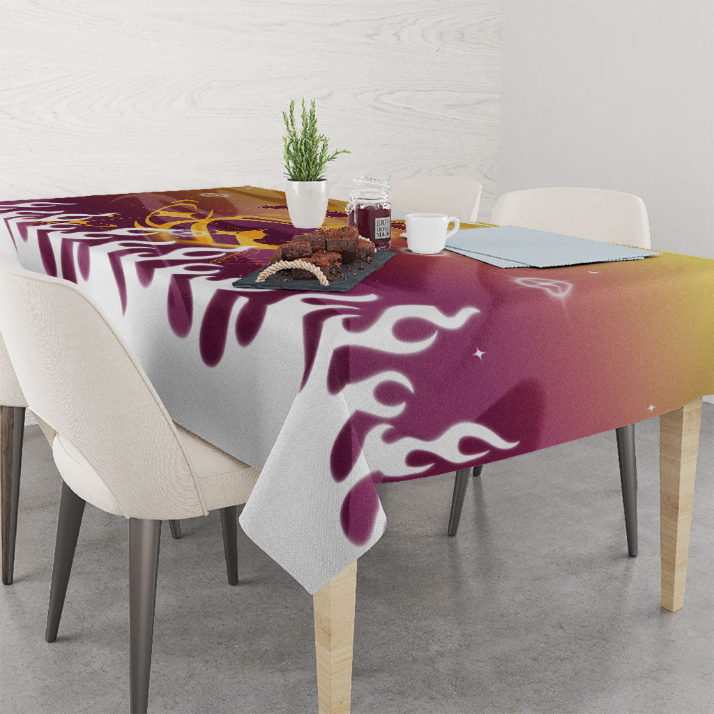 Personalized Brisbane Broncos Tablecloth Y2K Grunge Aesthetic With Cyber Flames and Starburst Graphics