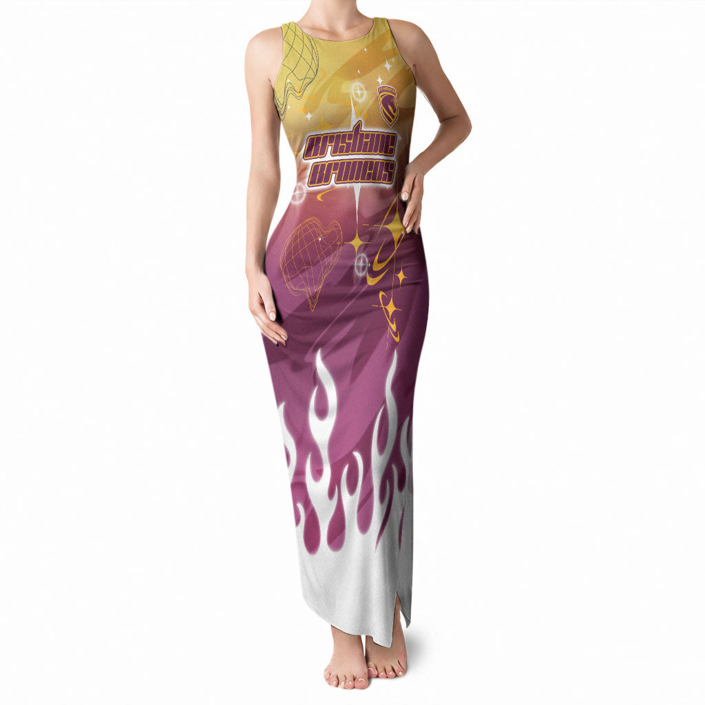 Personalized Brisbane Broncos Tank Maxi Dress Y2K Grunge Aesthetic With Cyber Flames and Starburst Graphics