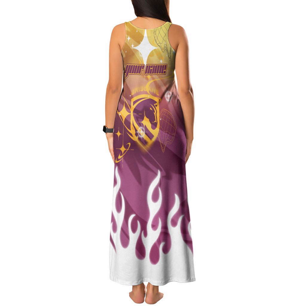 Personalized Brisbane Broncos Tank Maxi Dress Y2K Grunge Aesthetic With Cyber Flames and Starburst Graphics