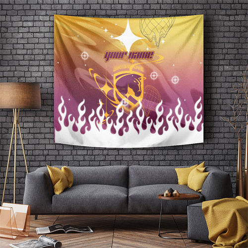 Personalized Brisbane Broncos Tapestry Y2K Grunge Aesthetic With Cyber Flames and Starburst Graphics