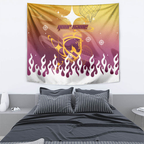 Personalized Brisbane Broncos Tapestry Y2K Grunge Aesthetic With Cyber Flames and Starburst Graphics