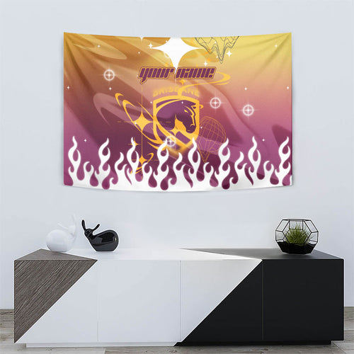 Personalized Brisbane Broncos Tapestry Y2K Grunge Aesthetic With Cyber Flames and Starburst Graphics