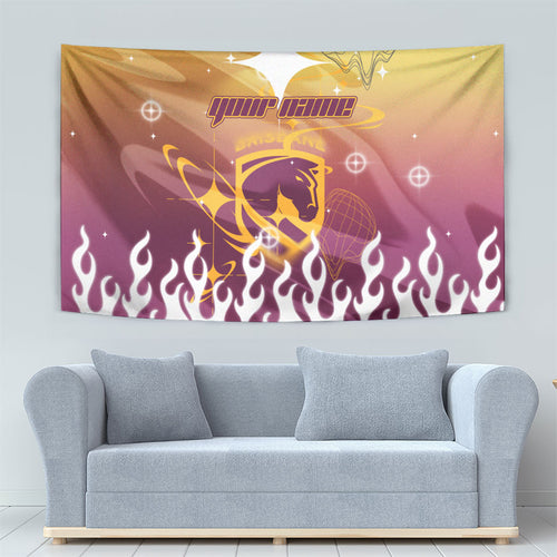 Personalized Brisbane Broncos Tapestry Y2K Grunge Aesthetic With Cyber Flames and Starburst Graphics