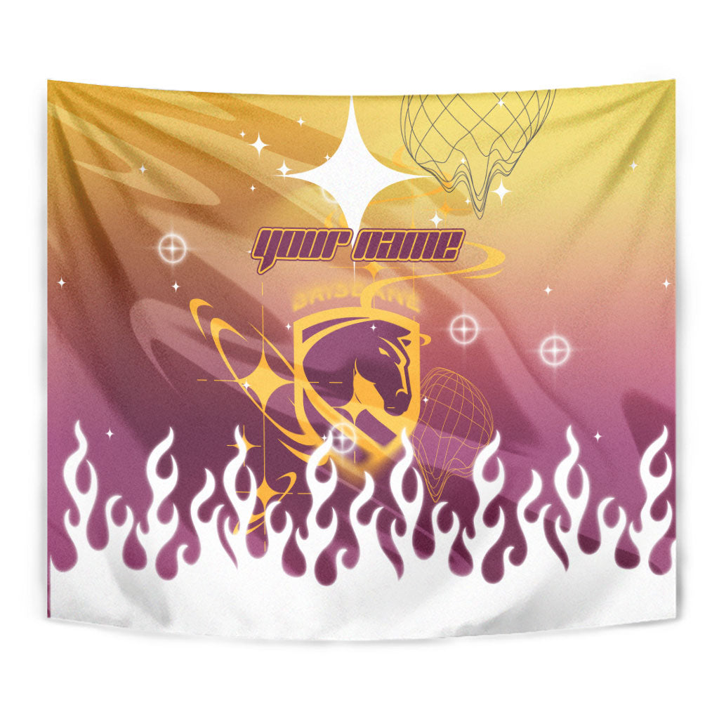 Personalized Brisbane Broncos Tapestry Y2K Grunge Aesthetic With Cyber Flames and Starburst Graphics
