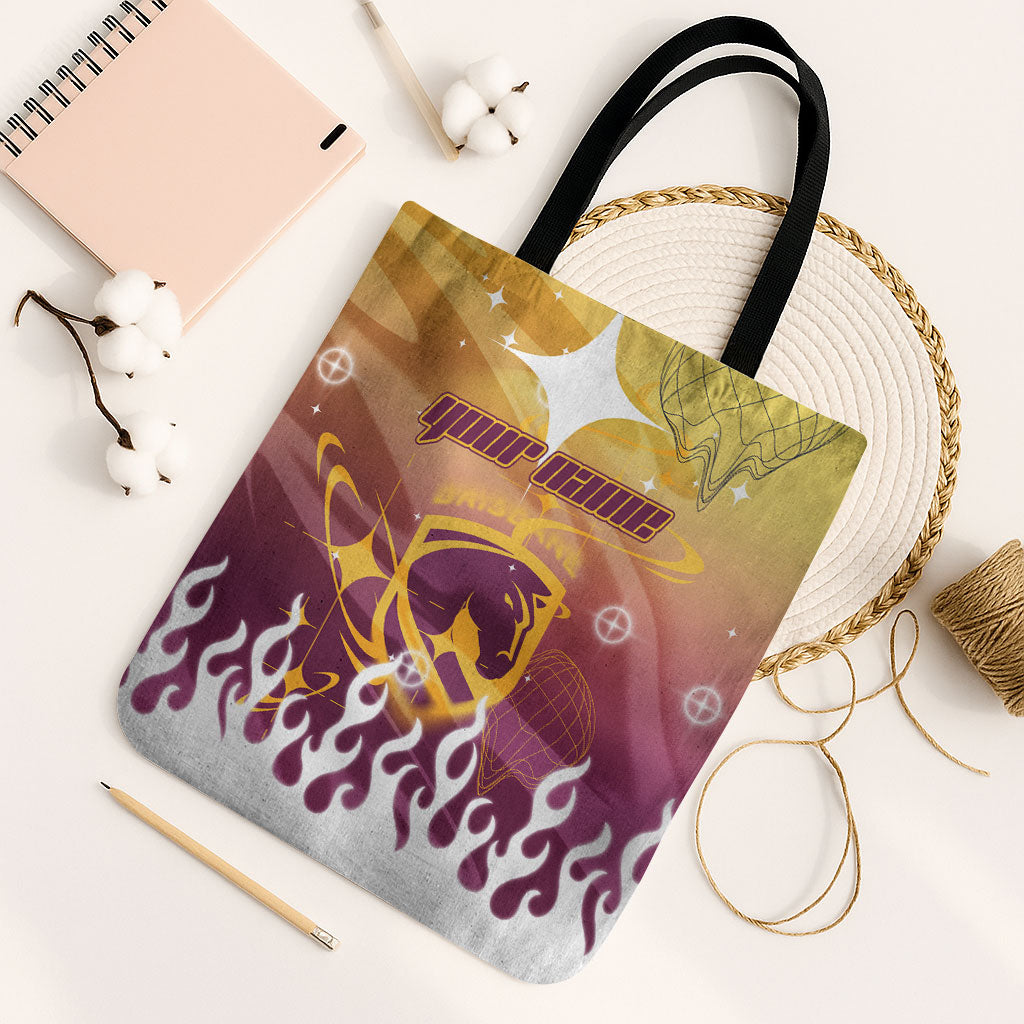 Personalized Brisbane Broncos Tote Bag Y2K Grunge Aesthetic With Cyber Flames and Starburst Graphics