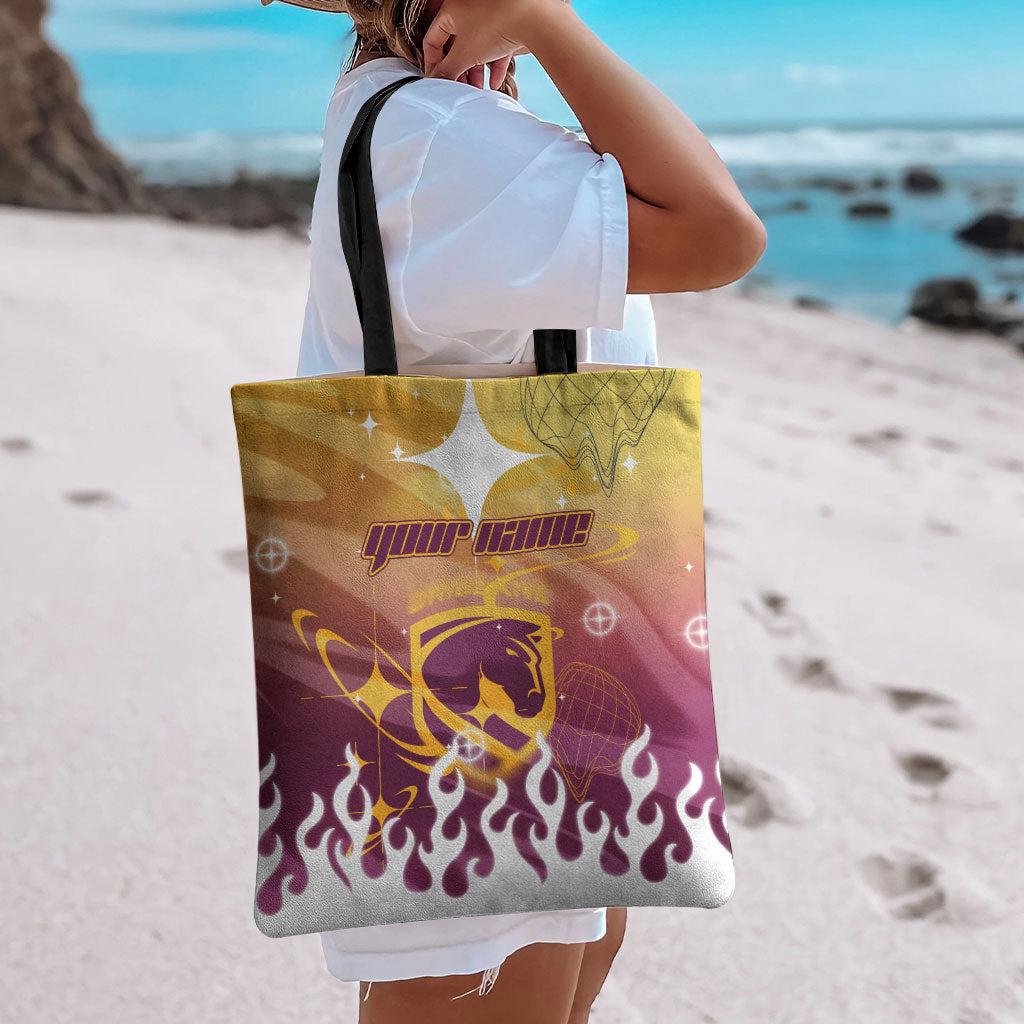Personalized Brisbane Broncos Tote Bag Y2K Grunge Aesthetic With Cyber Flames and Starburst Graphics