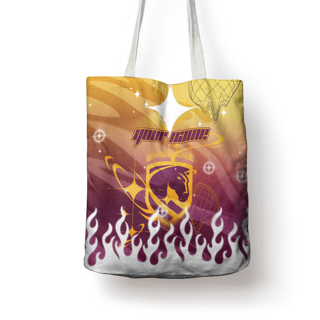 Personalized Brisbane Broncos Tote Bag Y2K Grunge Aesthetic With Cyber Flames and Starburst Graphics