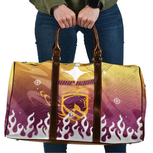 Personalized Brisbane Broncos Travel Bag Y2K Grunge Aesthetic With Cyber Flames and Starburst Graphics
