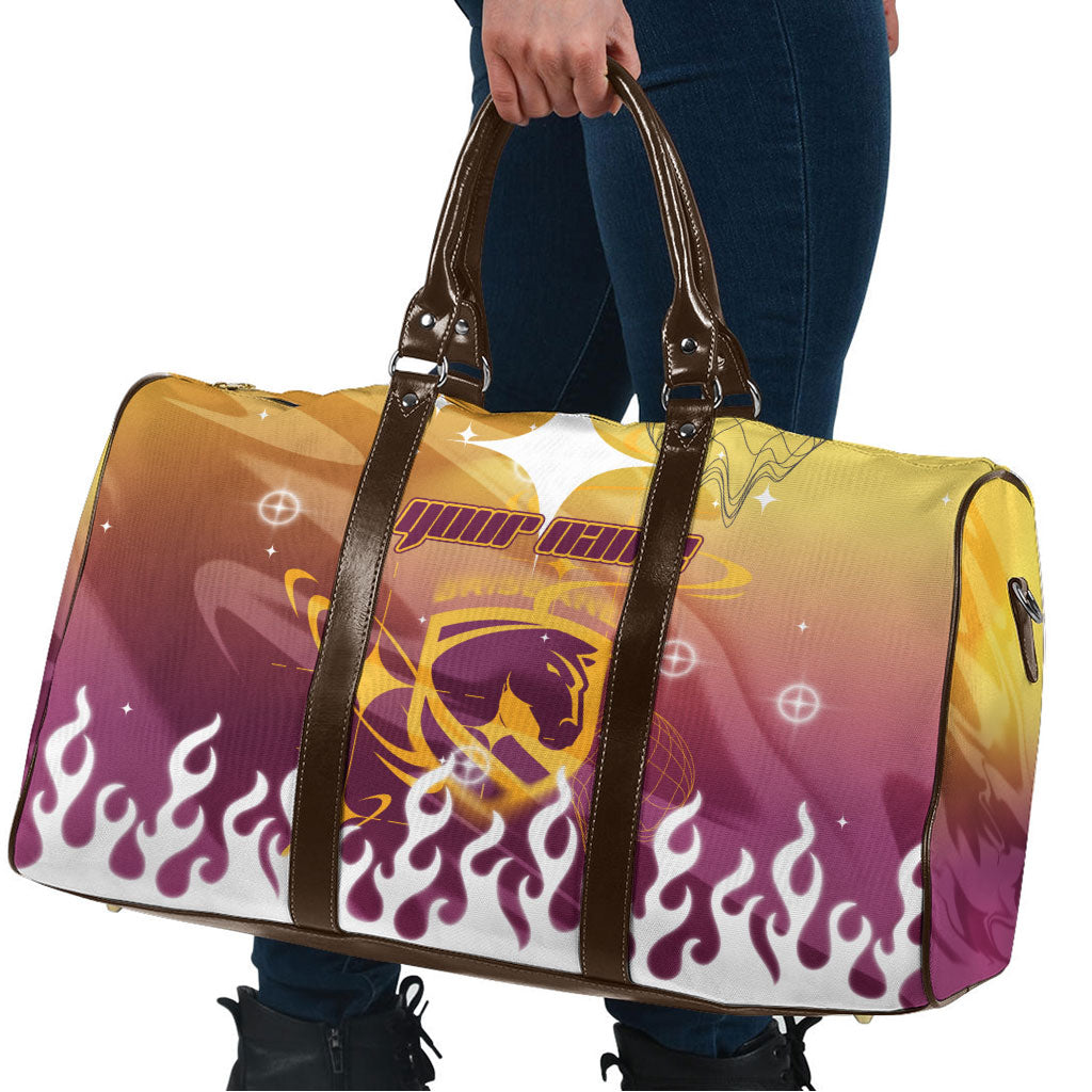Personalized Brisbane Broncos Travel Bag Y2K Grunge Aesthetic With Cyber Flames and Starburst Graphics