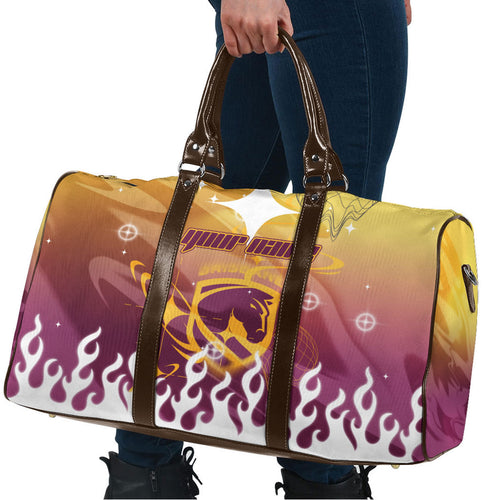 Personalized Brisbane Broncos Travel Bag Y2K Grunge Aesthetic With Cyber Flames and Starburst Graphics