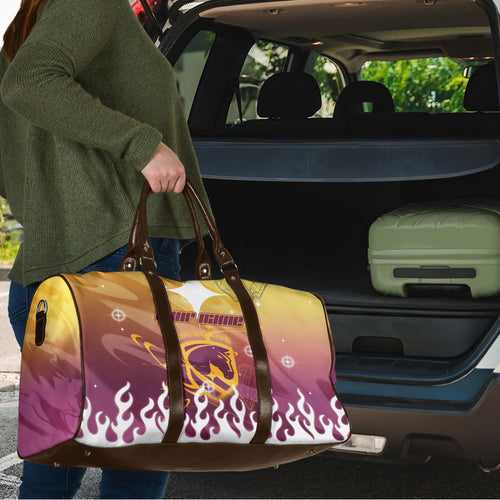 Personalized Brisbane Broncos Travel Bag Y2K Grunge Aesthetic With Cyber Flames and Starburst Graphics