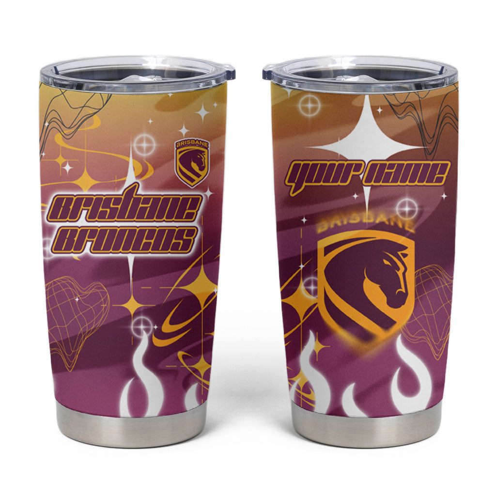Personalized Brisbane Broncos Tumbler Cup Y2K Grunge Aesthetic With Cyber Flames and Starburst Graphics