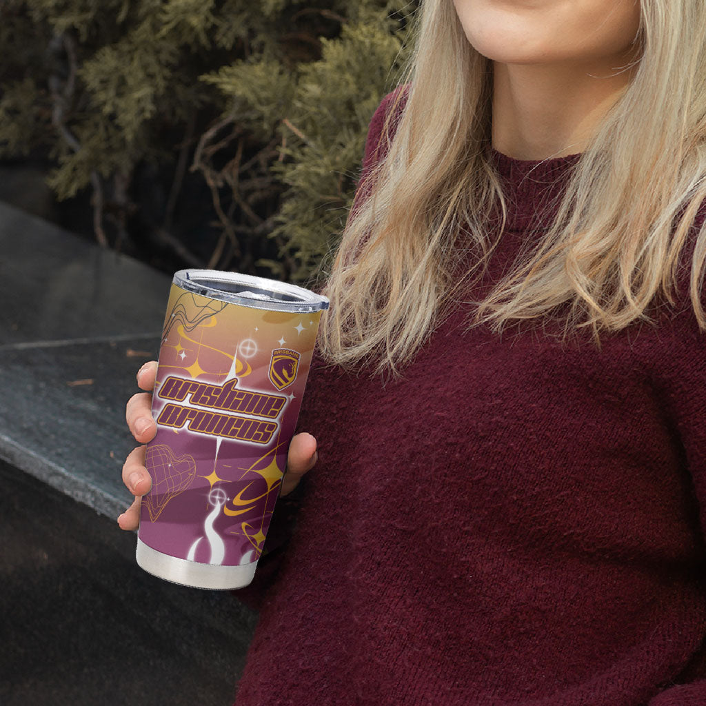 Personalized Brisbane Broncos Tumbler Cup Y2K Grunge Aesthetic With Cyber Flames and Starburst Graphics