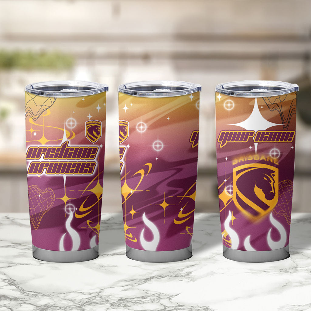 Personalized Brisbane Broncos Tumbler Cup Y2K Grunge Aesthetic With Cyber Flames and Starburst Graphics