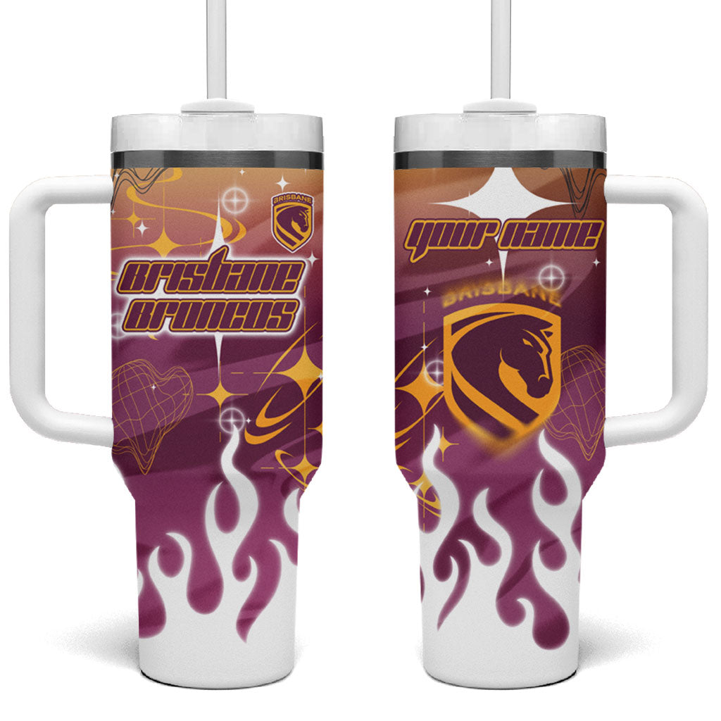 Personalized Brisbane Broncos Tumbler With Handle Y2K Grunge Aesthetic With Cyber Flames and Starburst Graphics