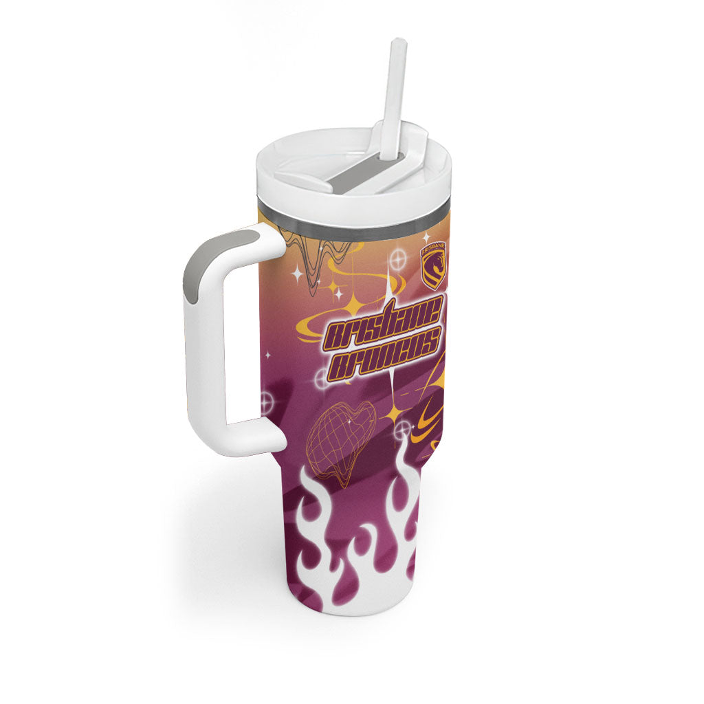 Personalized Brisbane Broncos Tumbler With Handle Y2K Grunge Aesthetic With Cyber Flames and Starburst Graphics