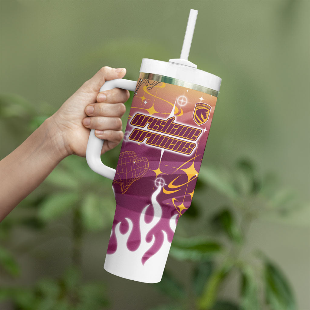 Personalized Brisbane Broncos Tumbler With Handle Y2K Grunge Aesthetic With Cyber Flames and Starburst Graphics