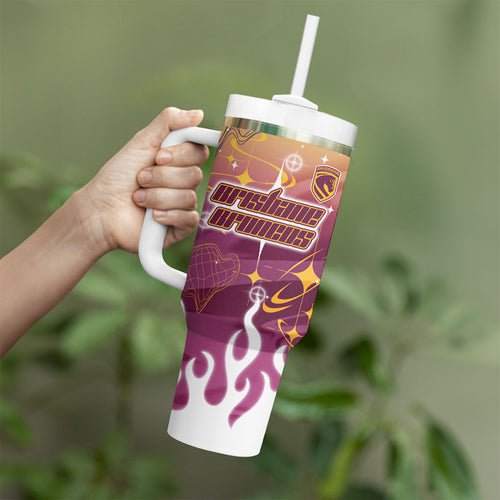 Personalized Brisbane Broncos Tumbler With Handle Y2K Grunge Aesthetic With Cyber Flames and Starburst Graphics