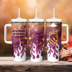 Personalized Brisbane Broncos Tumbler With Handle Y2K Grunge Aesthetic With Cyber Flames and Starburst Graphics